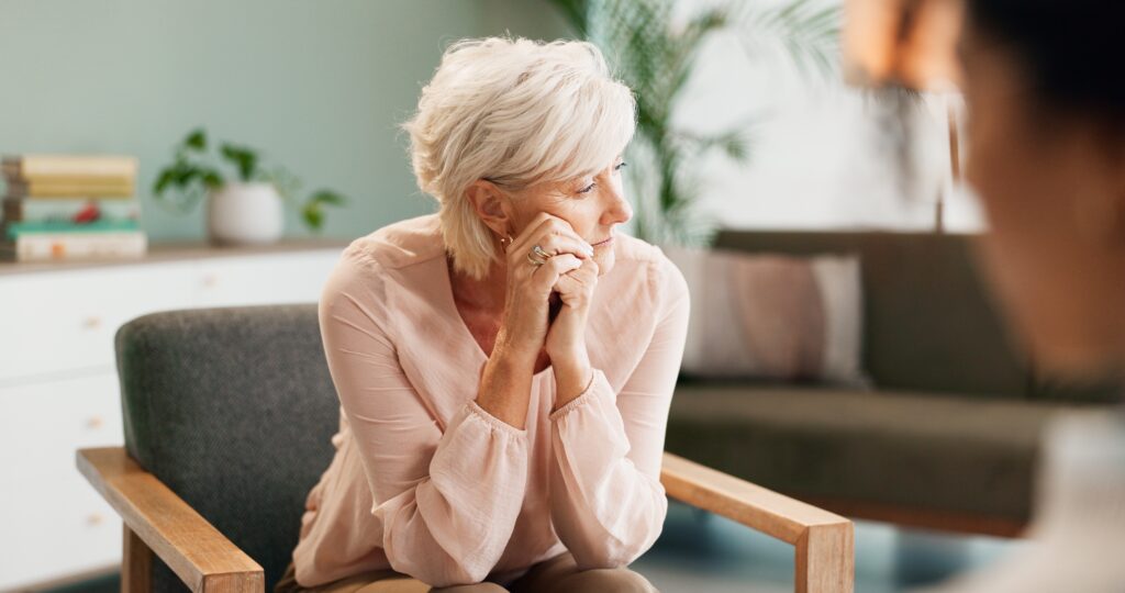 depression,,psychology,or,old,woman,thinking,with,psychologist,in,consultation