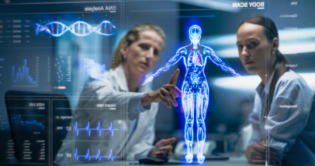 physician,and,patient,analyze,a,holographic,body,model.,technology,discussions