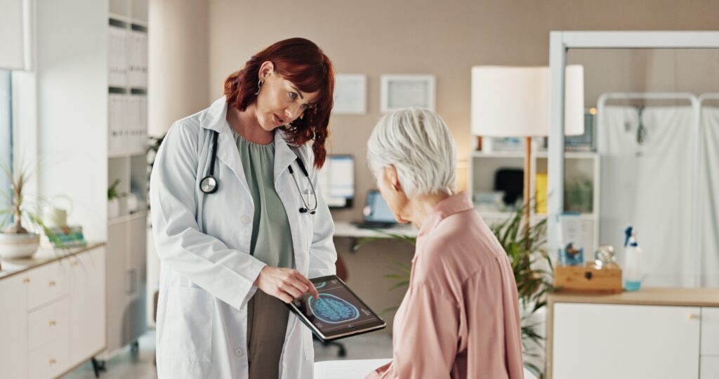 brain,,scan,and,old,woman,with,doctor,,tablet,and,consultation